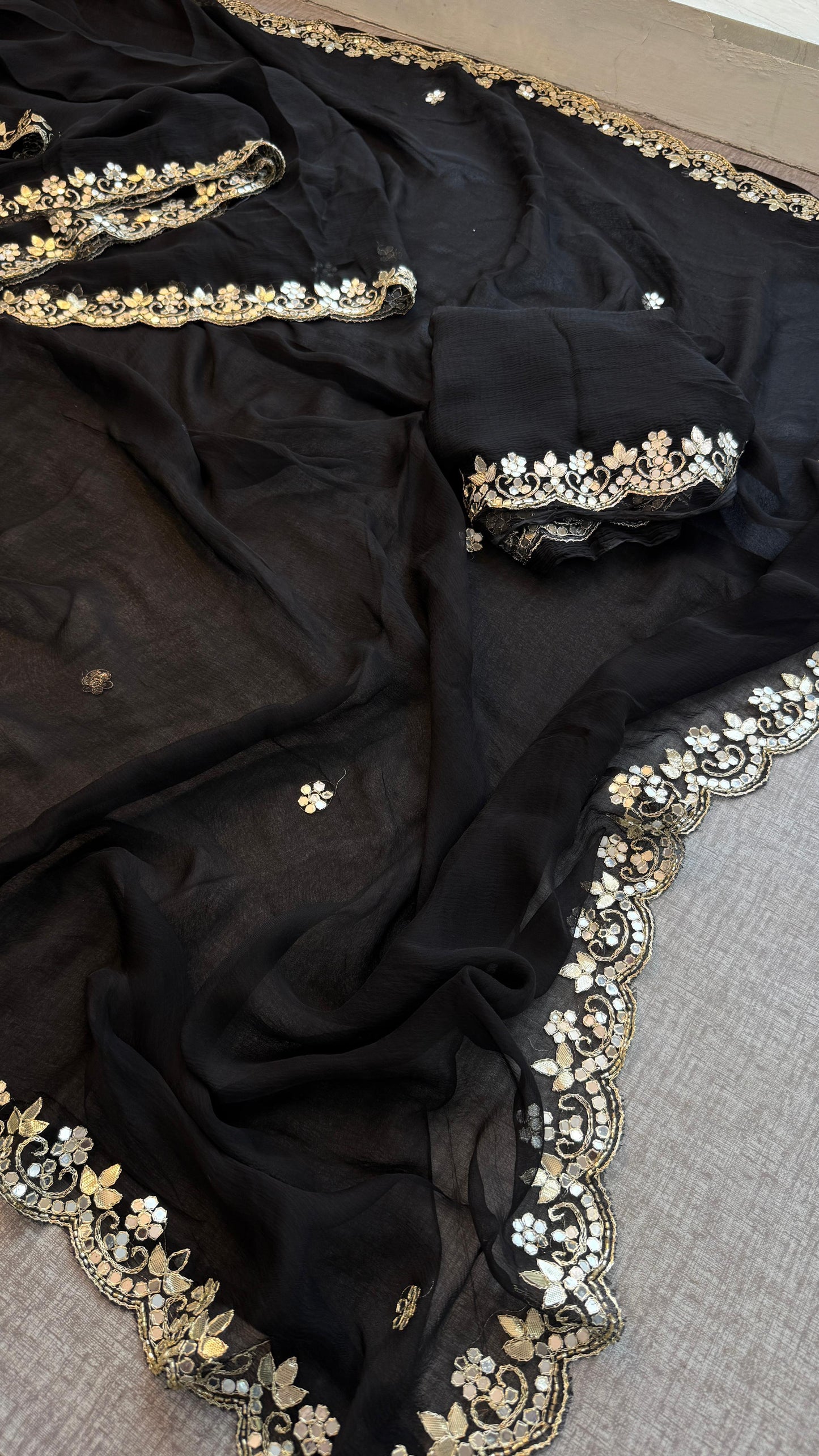 Chiffon Leheriya Saree with Zardozi & Pearl Handwork