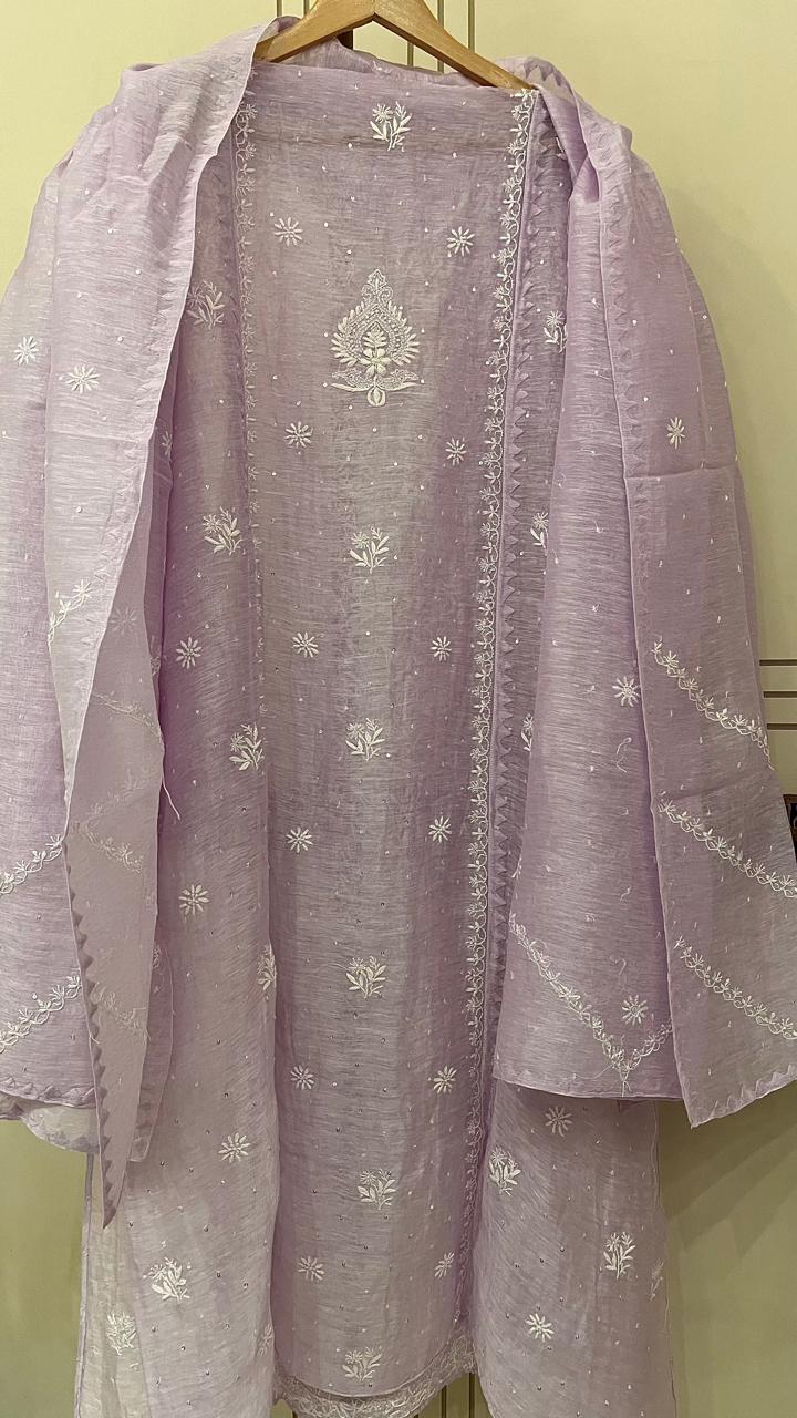 Pure Silk Linen Semi-Stitched Kurta Dupatta Set