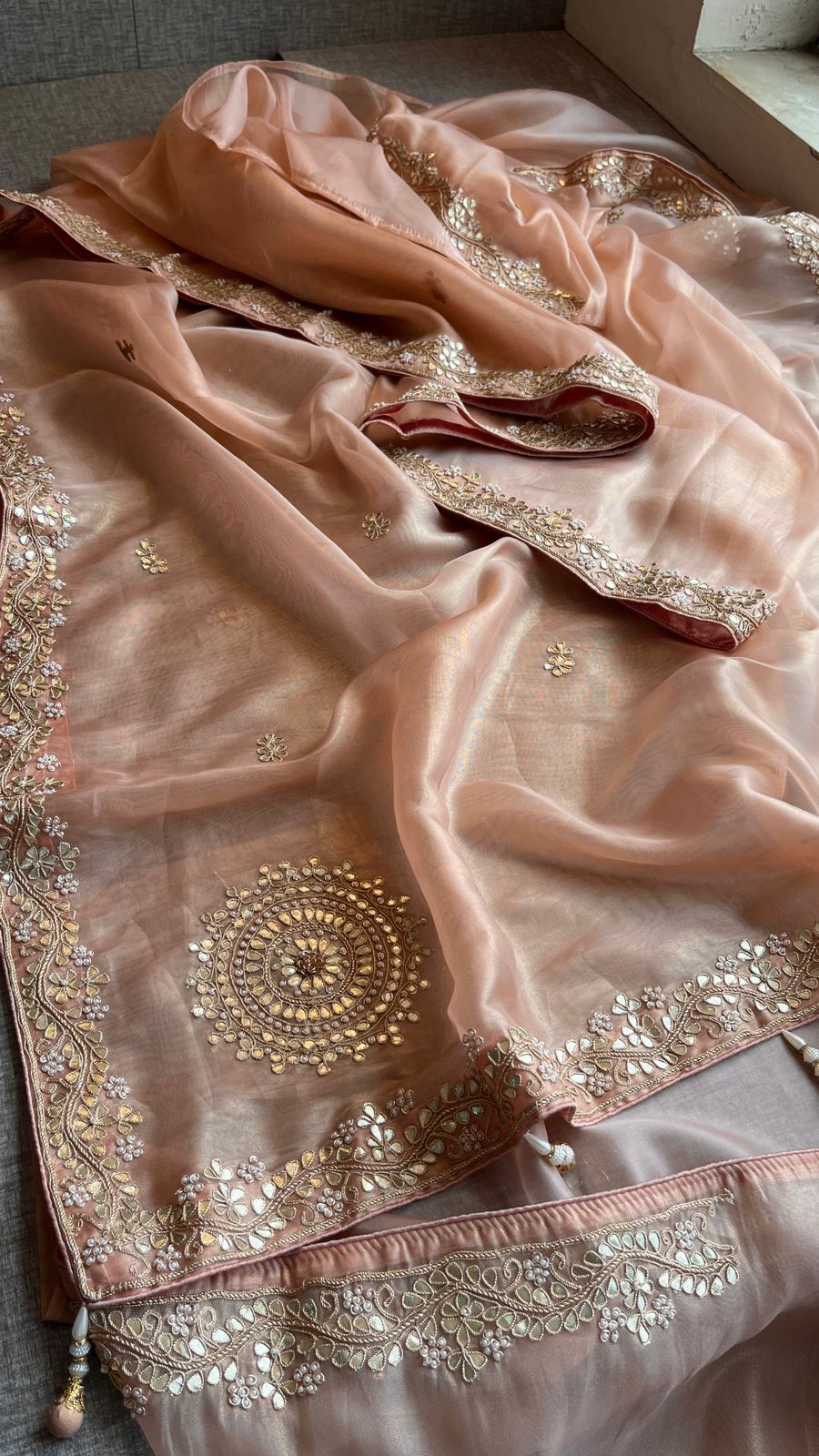 Soft Tissue Silk Saree with Gotapatti, Zardozi & Pearl Embellishments