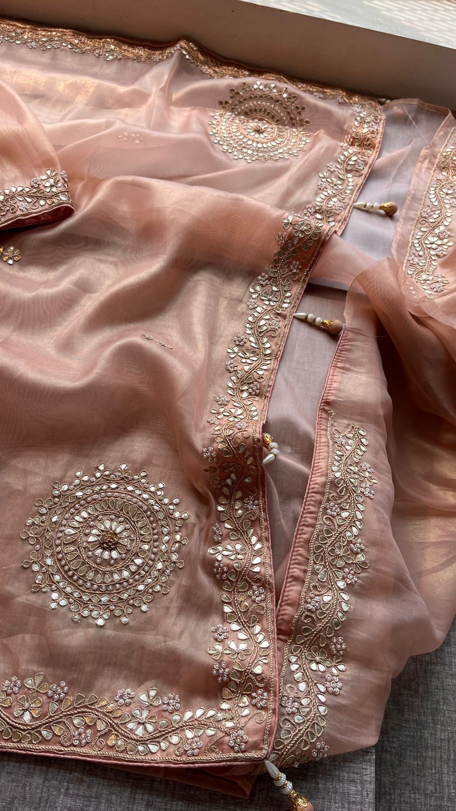 Soft Tissue Silk Saree with Gotapatti, Zardozi & Pearl Embellishments