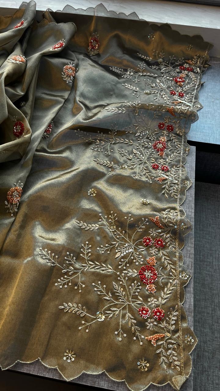 Handloom Zari Tissue Silk Saree with Zardozi, Sequins & Pearl Work