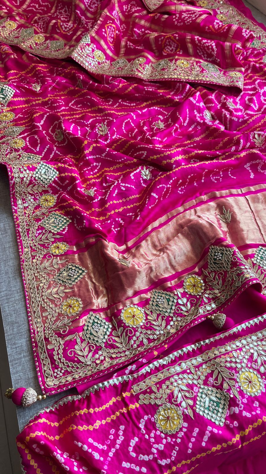 Pure Gajji Silk Handmade Bandhani Saree with Zardozi, Gotapatti & Pearl Detailing