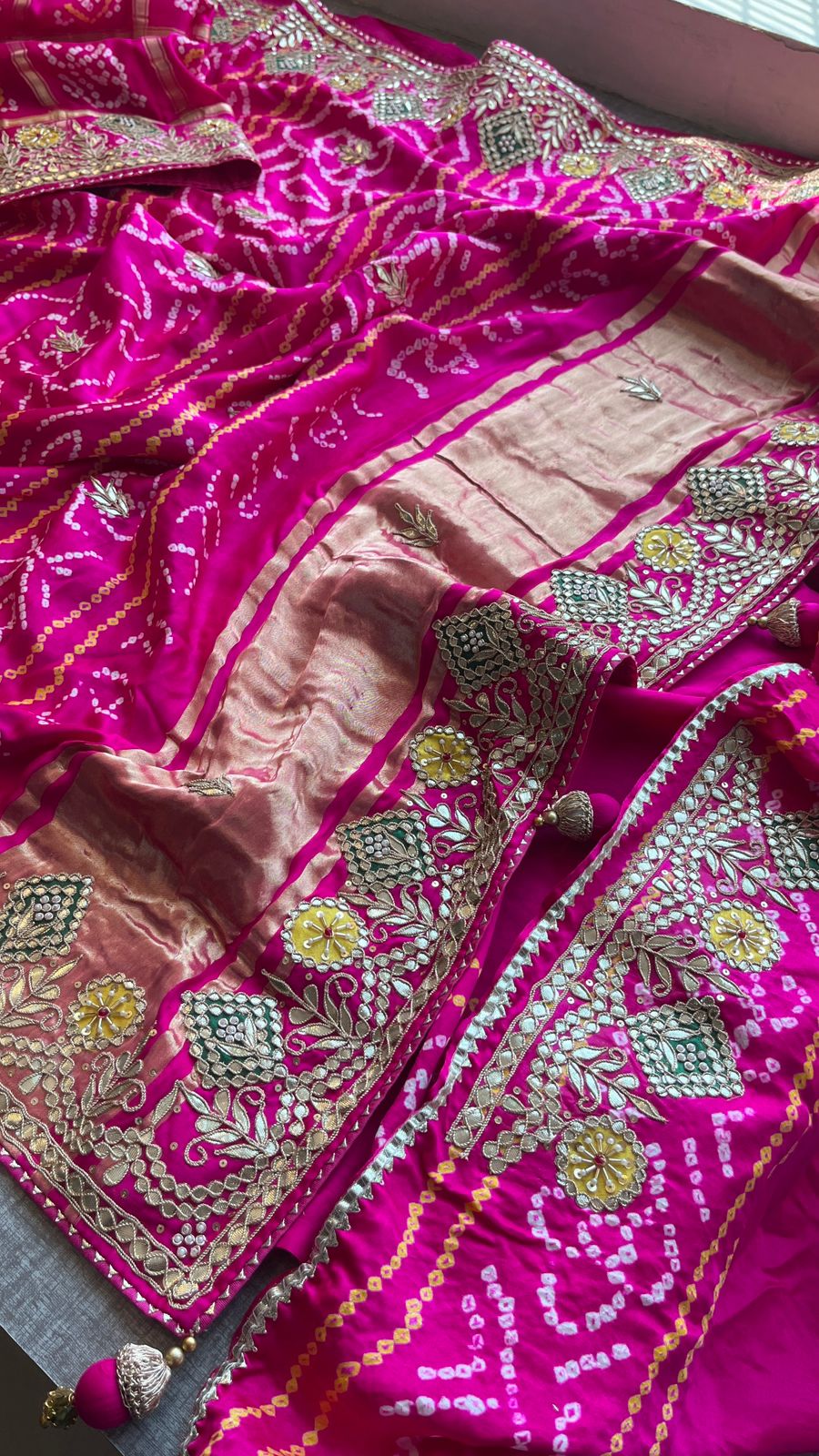 Pure Gajji Silk Handmade Bandhani Saree with Zardozi, Gotapatti & Pearl Detailing