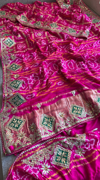 Pure Gajji Silk Handmade Bandhani Saree with Zardozi, Gotapatti & Pearl Embellishments