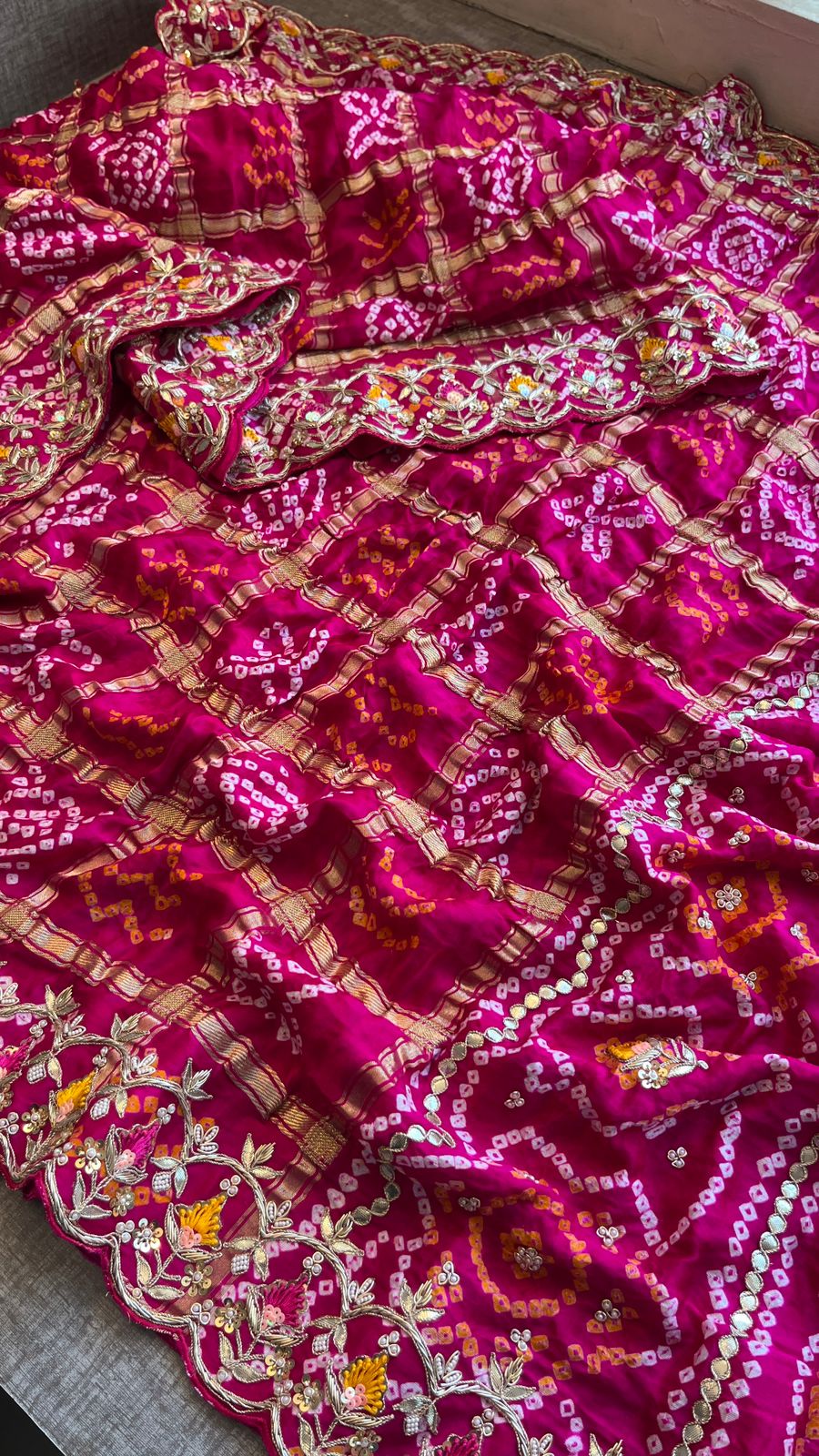 Pure Gajji Silk Handmade Bandhani Saree with Zardozi, Gotapatti & Pearl Detailing