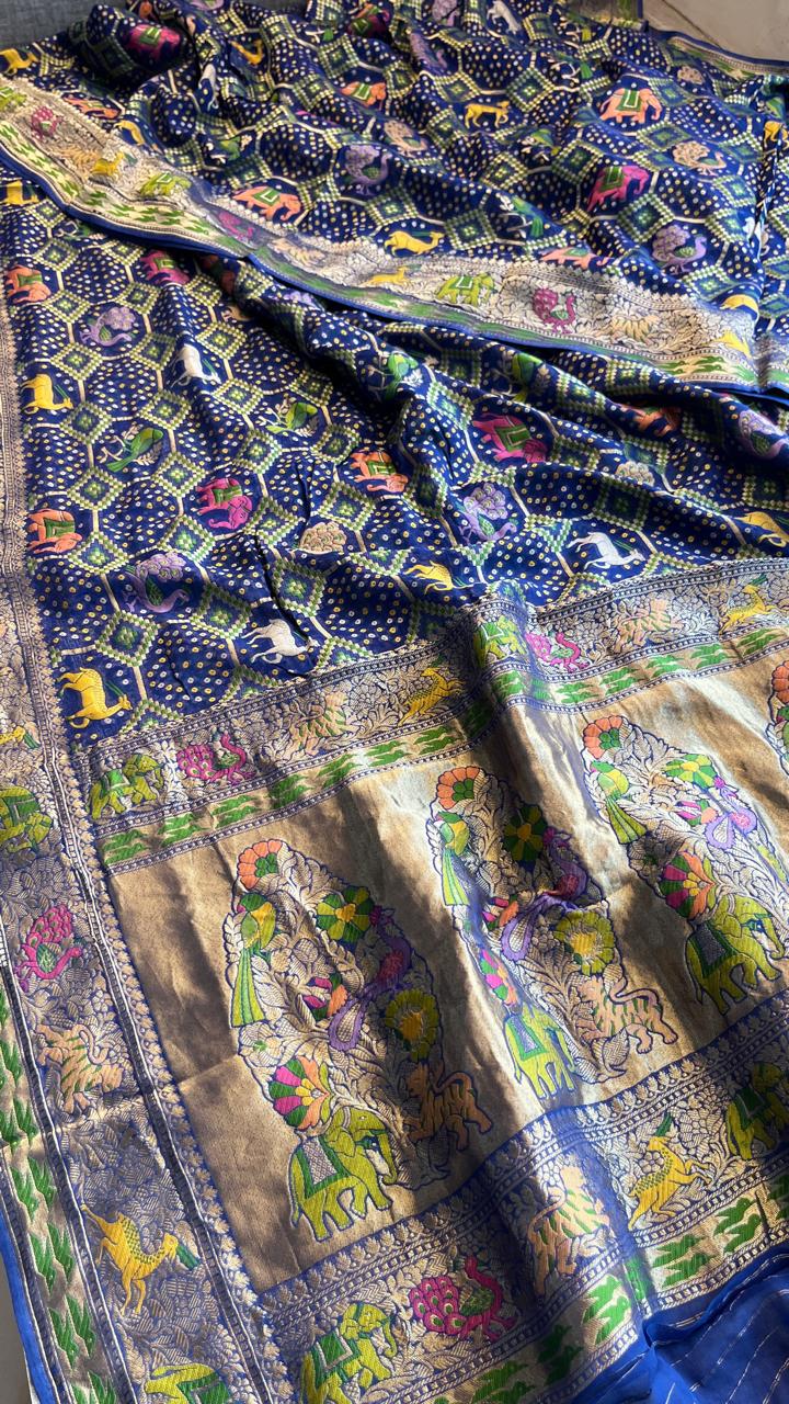 Pure Heavy Khaddi Georgette Saree with Bandhani & Meena Banarasi Weaving