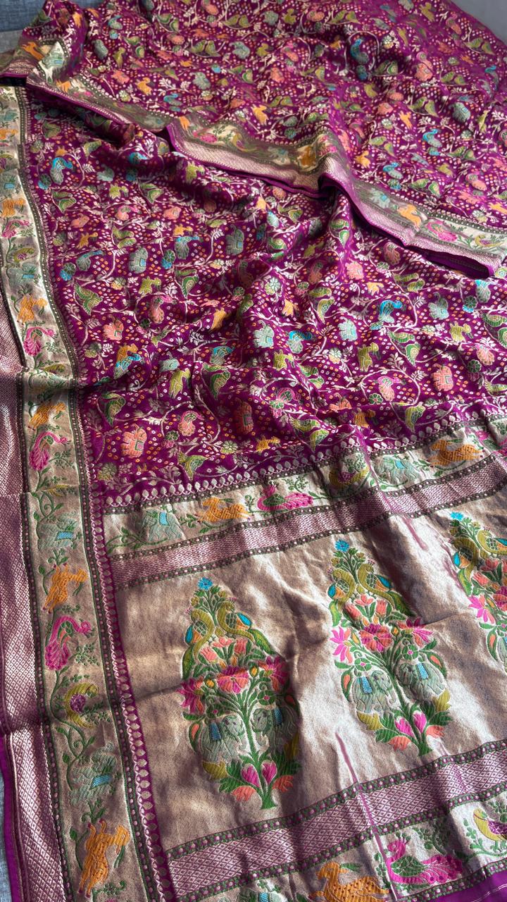 Pure Heavy Khaddi Georgette Banarasi Saree with Bandhani & Meena Weaving