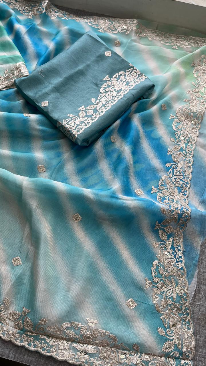 Chinon Crepe Leheriya Saree with Pittan & Sequins Work