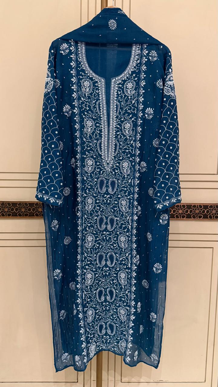 Exquisite Mul Chanderi Kurta Dupatta Set with Pearl & Sequin Detailing