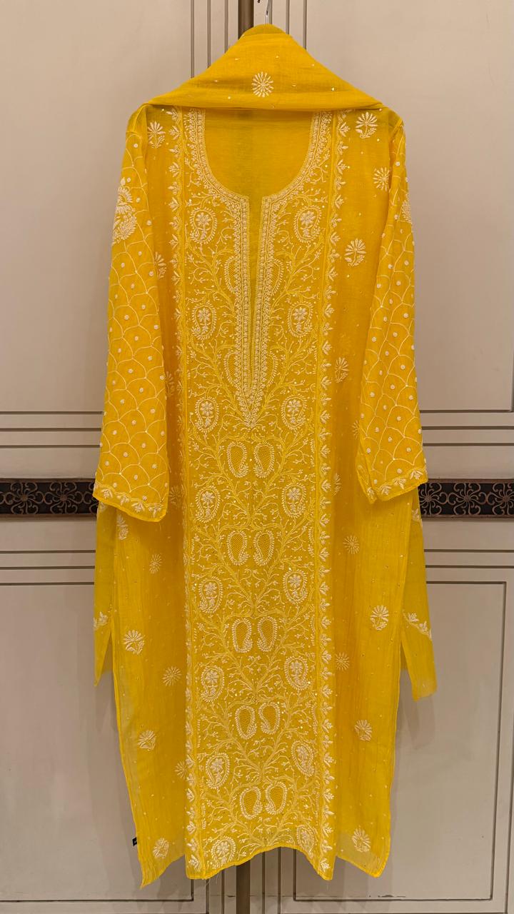 Exquisite Mul Chanderi Kurta Dupatta Set with Pearl & Sequin Detailing