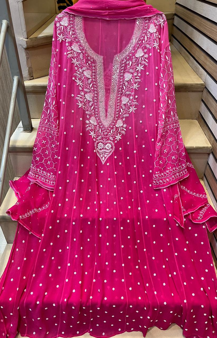 Pure Chiffon Anarkali Kurta Dupatta Set with Pearl & Katdana Embellishments