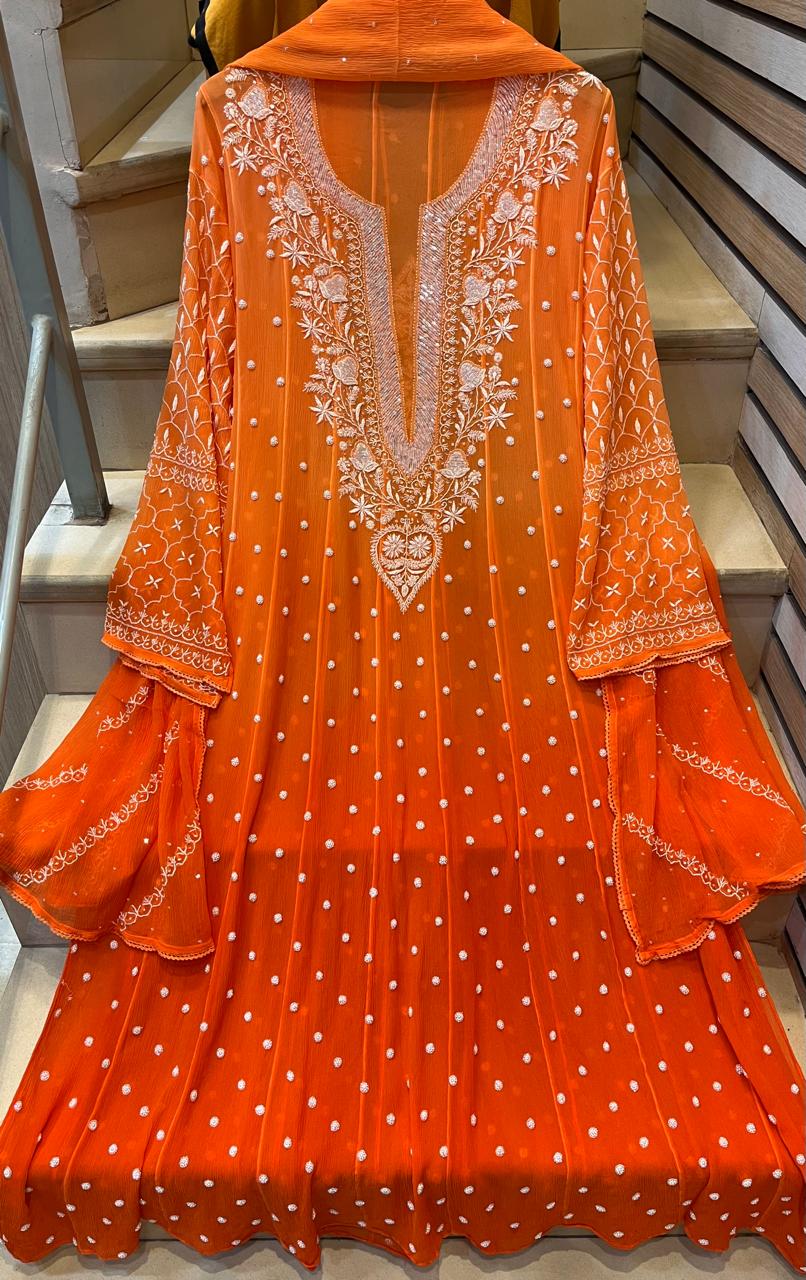 Pure Chiffon Anarkali Kurta Dupatta Set with Pearl & Katdana Embellishments