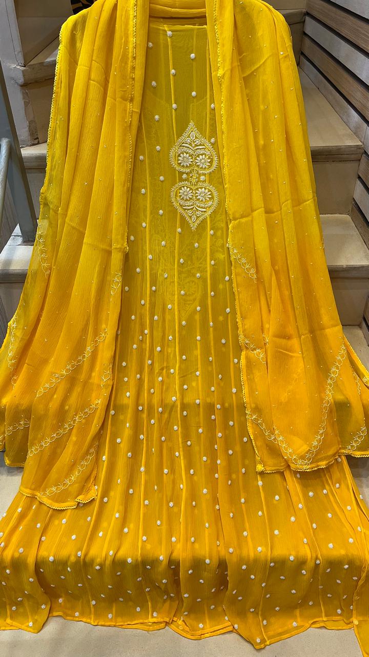 Pure Chiffon Anarkali Kurta Dupatta Set with Pearl & Katdana Embellishments