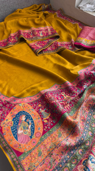 Pure Munga Tussar Silk Saree with Meena Banarasi Weaving