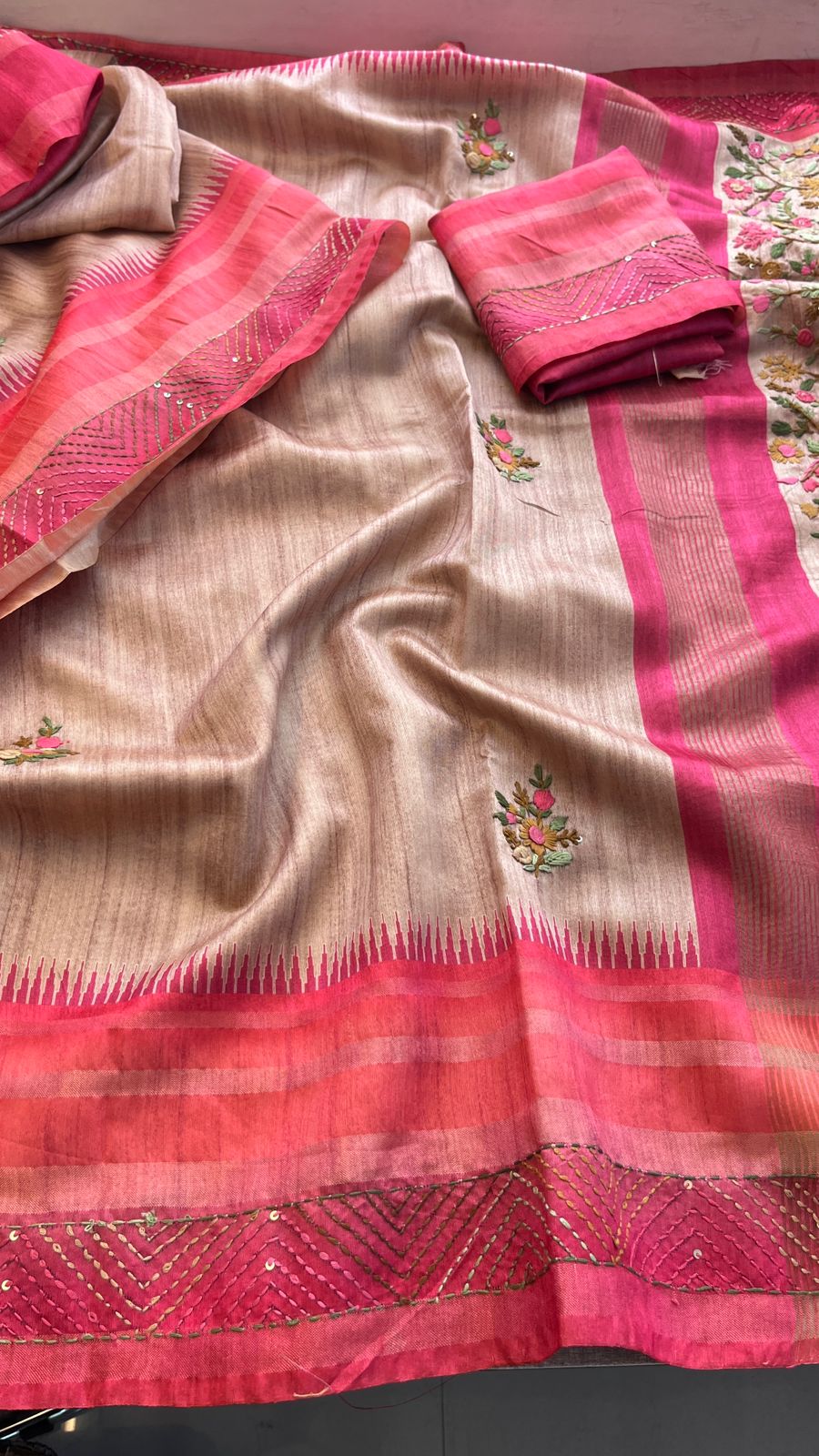Pure Tussar Linen Silk Saree with Hand Knot & Katha Work