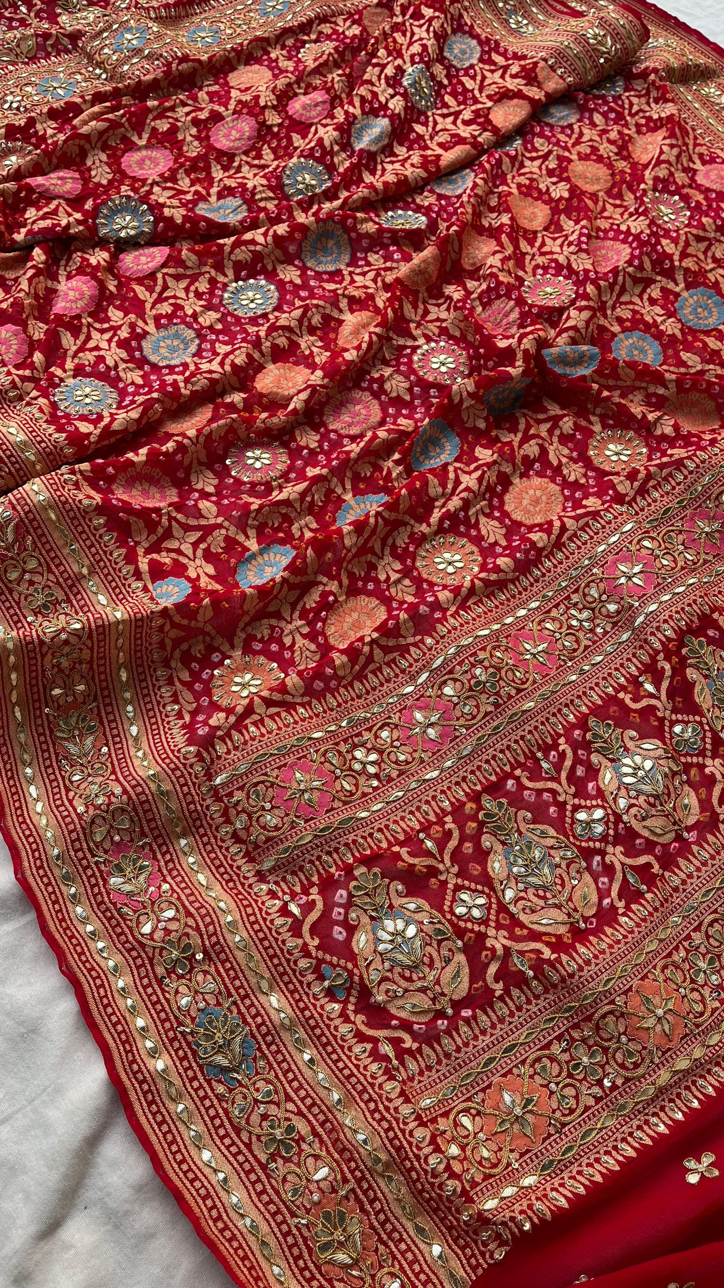 Pure Khaddi Georgette Dupatta with Handcrafted Gotta Patti & Heavy Zardozi Work