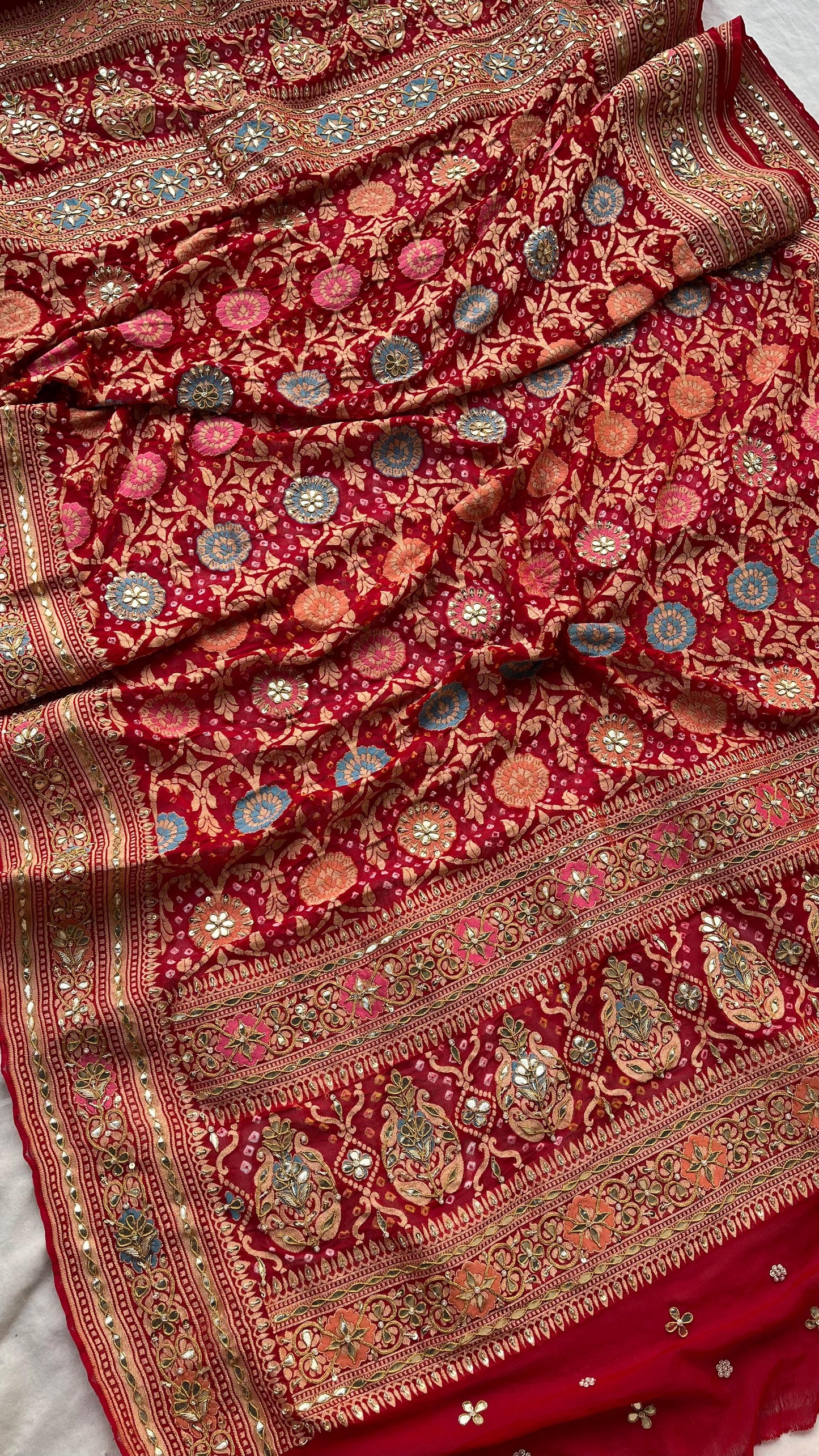 Pure Khaddi Georgette Dupatta with Handcrafted Gotta Patti & Heavy Zardozi Work