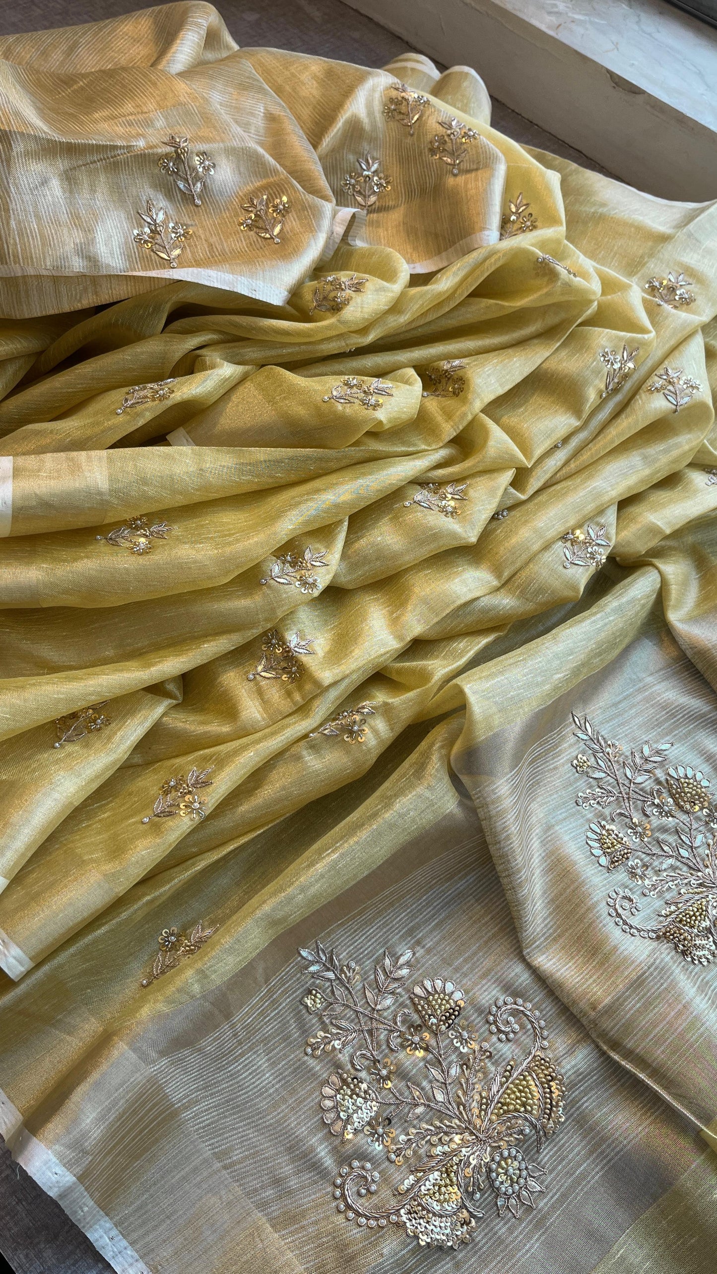 Tissue Linen Silk Banarasi Saree with Pearl & Resham Work