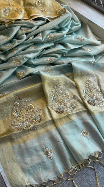 Tissue Linen Silk Banarasi Saree with Pearl & Resham Work