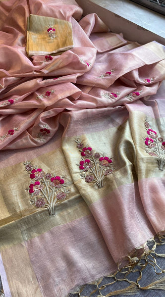 Banarasi Tissue Linen Silk Saree with Resham & Pearl Highlights
