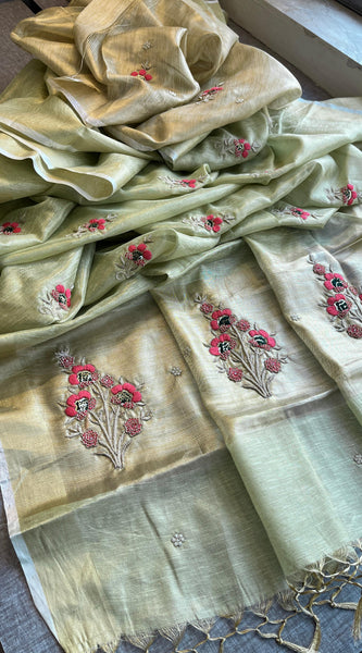 Banarasi Tissue Linen Silk Saree with Resham & Pearl Highlights