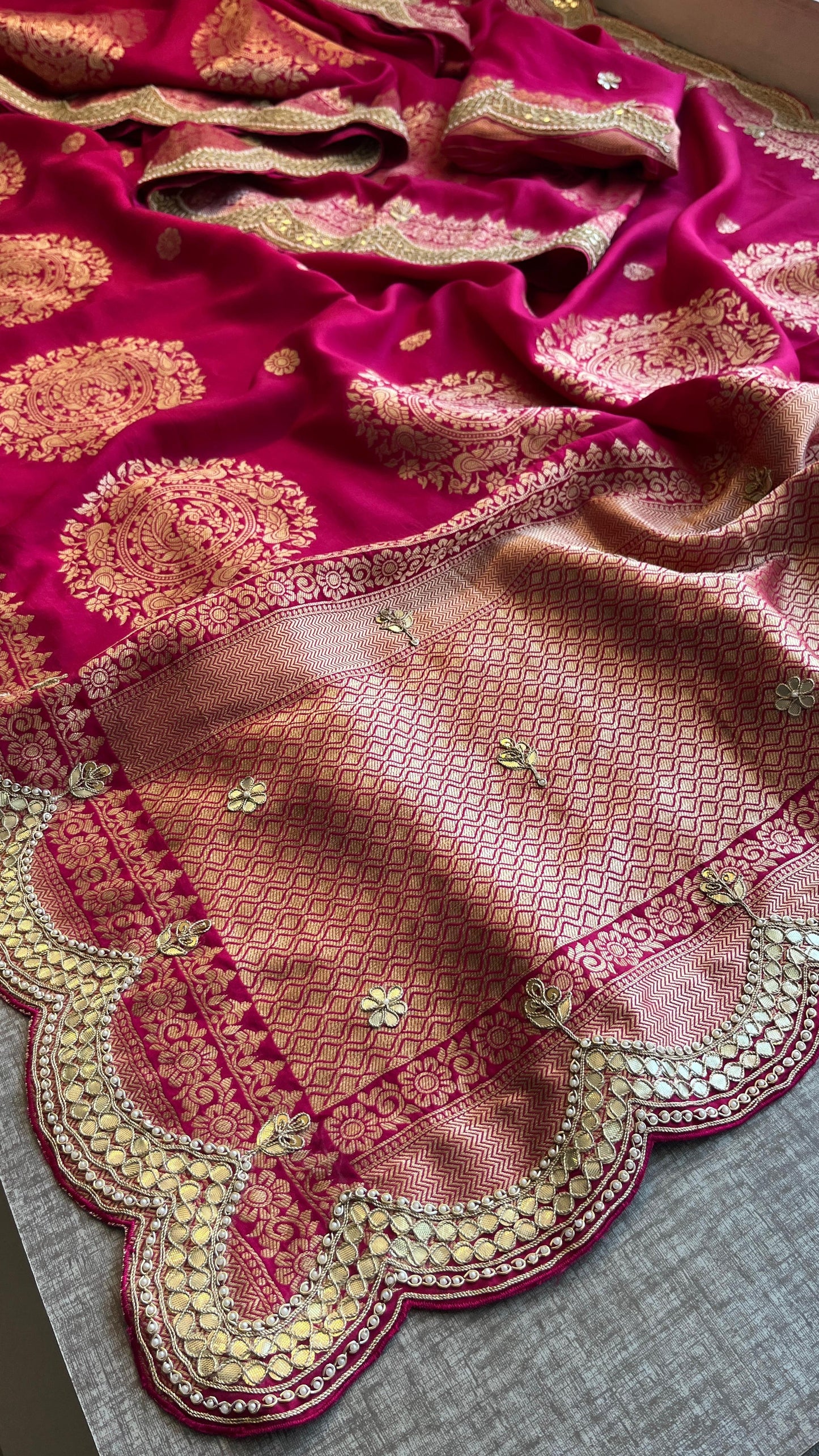 Munga Banarasi Silk Saree with Zardozi & Pearl Embroidery
