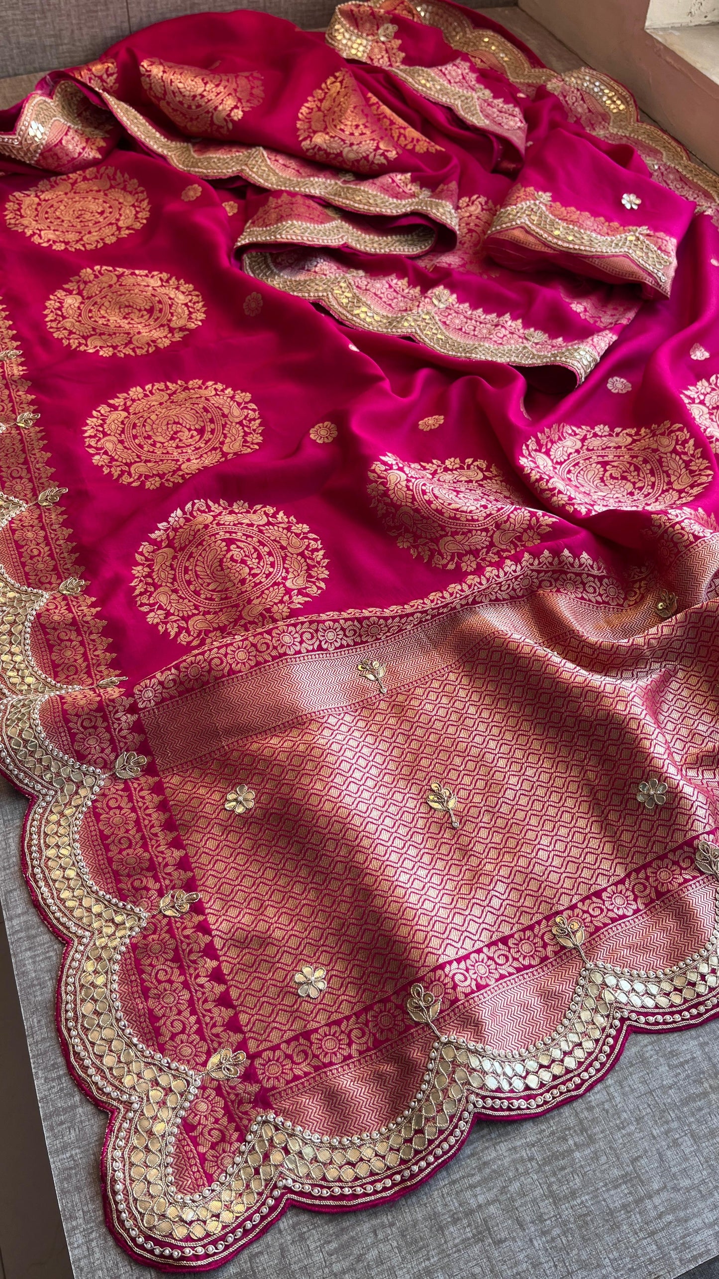 Munga Banarasi Silk Saree with Zardozi & Pearl Embroidery