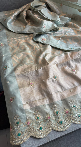 Soft Tissue Banarasi Silk Saree with Pearl & Gotapatti Embroidery