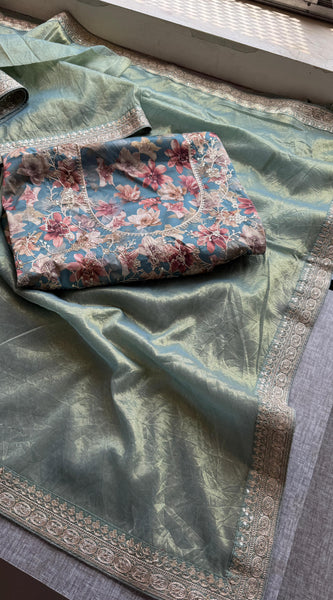 Cosmo Tissue Silk Saree with Zari & Sequins Border Detailing