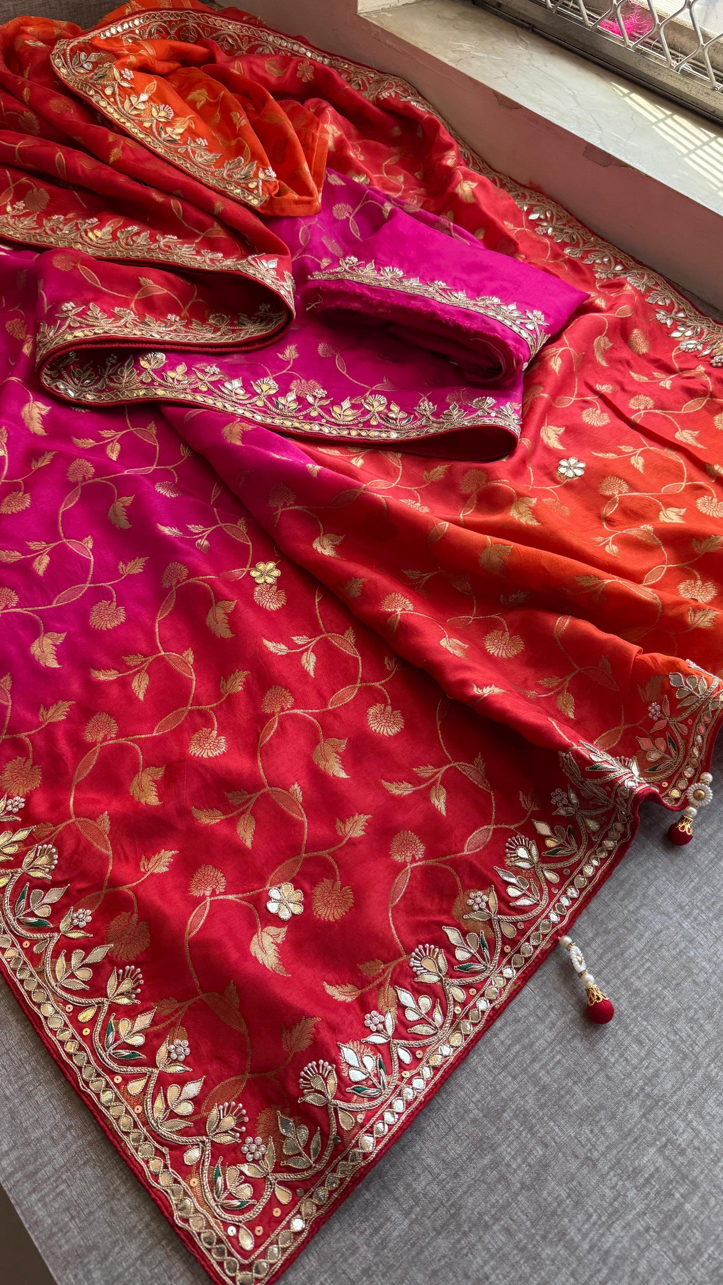Munga Banarasi Silk Saree with Pearl, Gotapatti & Kutdana