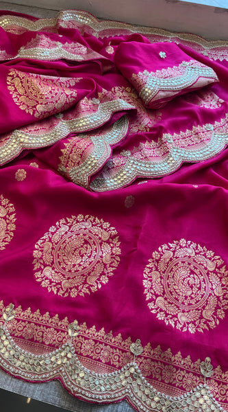 Munga Banarasi Silk Saree with Zardozi & Pearl Embroidery