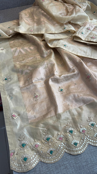Soft Tissue Banarasi Silk Saree with Pearl & Gotapatti Embroidery