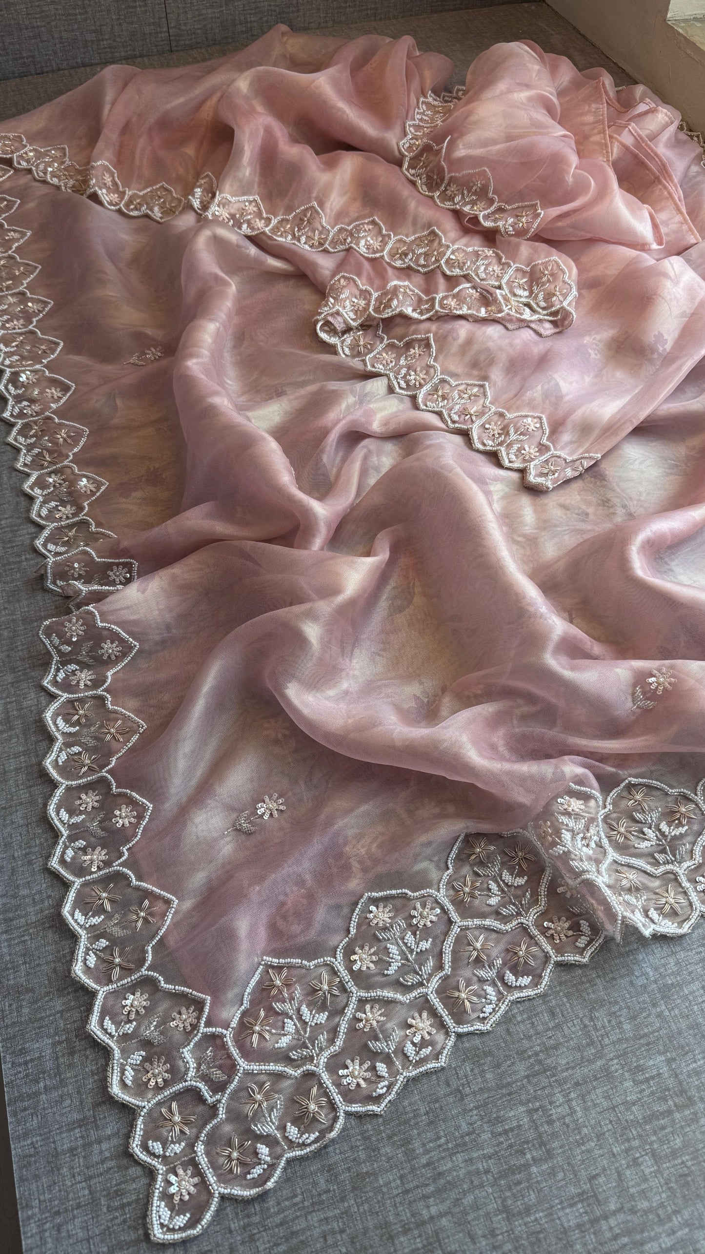 Soft Tissue Net Saree with Zardozi, Pearl & Kutdana Embroidery