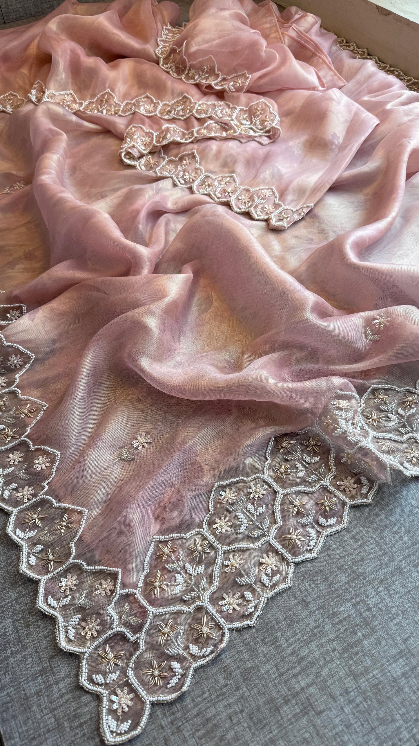 Soft Tissue Net Saree with Zardozi, Pearl & Kutdana Embroidery