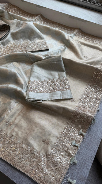 Tissue Handloom Banarasi Silk Saree with Pearl & Gotapatti