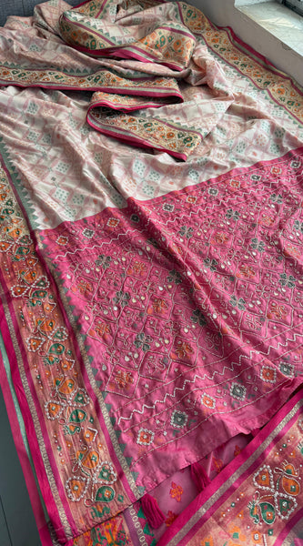 Patola Munga Banarasi Silk Saree with Zardozi & Pearl Work