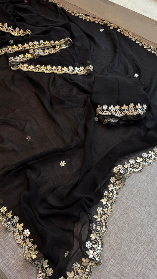 Chiffon Leheriya Saree with Zardozi & Pearl Handwork