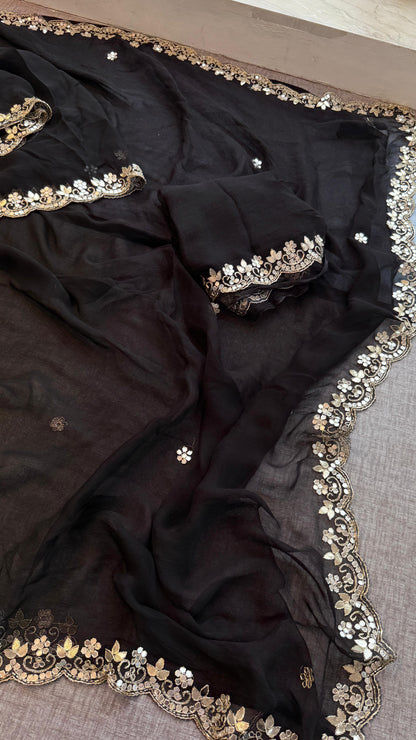Chiffon Leheriya Saree with Zardozi & Pearl Handwork