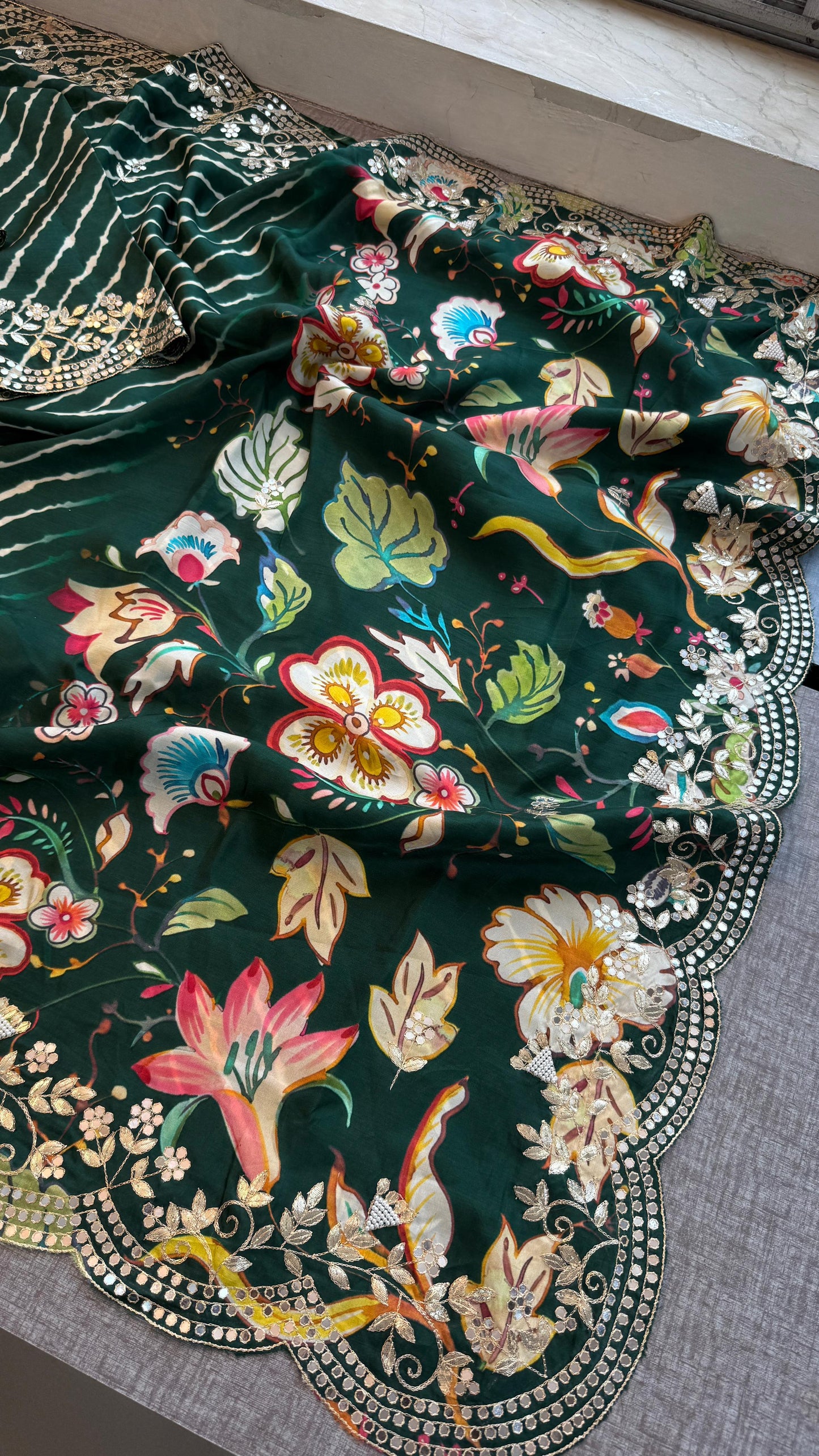 Munga Crepe Silk Saree with Gotapatti & Pearl Embroidery