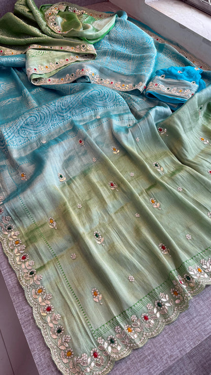 Pure Khaddi Georgette Silk Saree with Pearl & Zardozi Embroidery