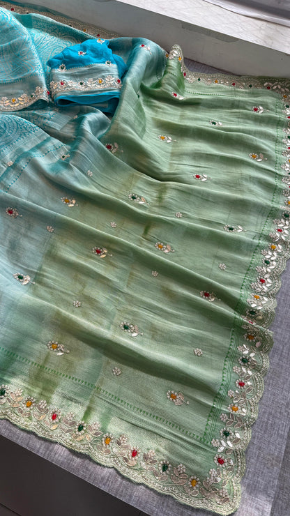 Pure Khaddi Georgette Silk Saree with Pearl & Zardozi Embroidery