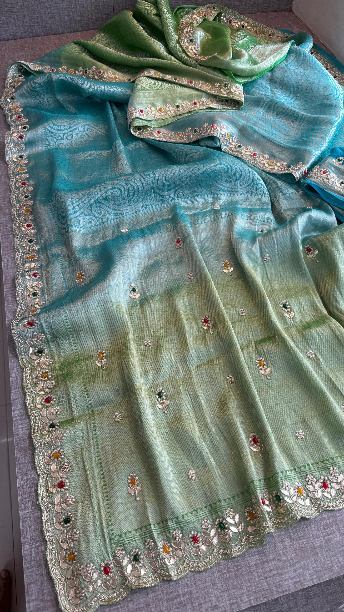 Pure Khaddi Georgette Silk Saree with Pearl & Zardozi Embroidery