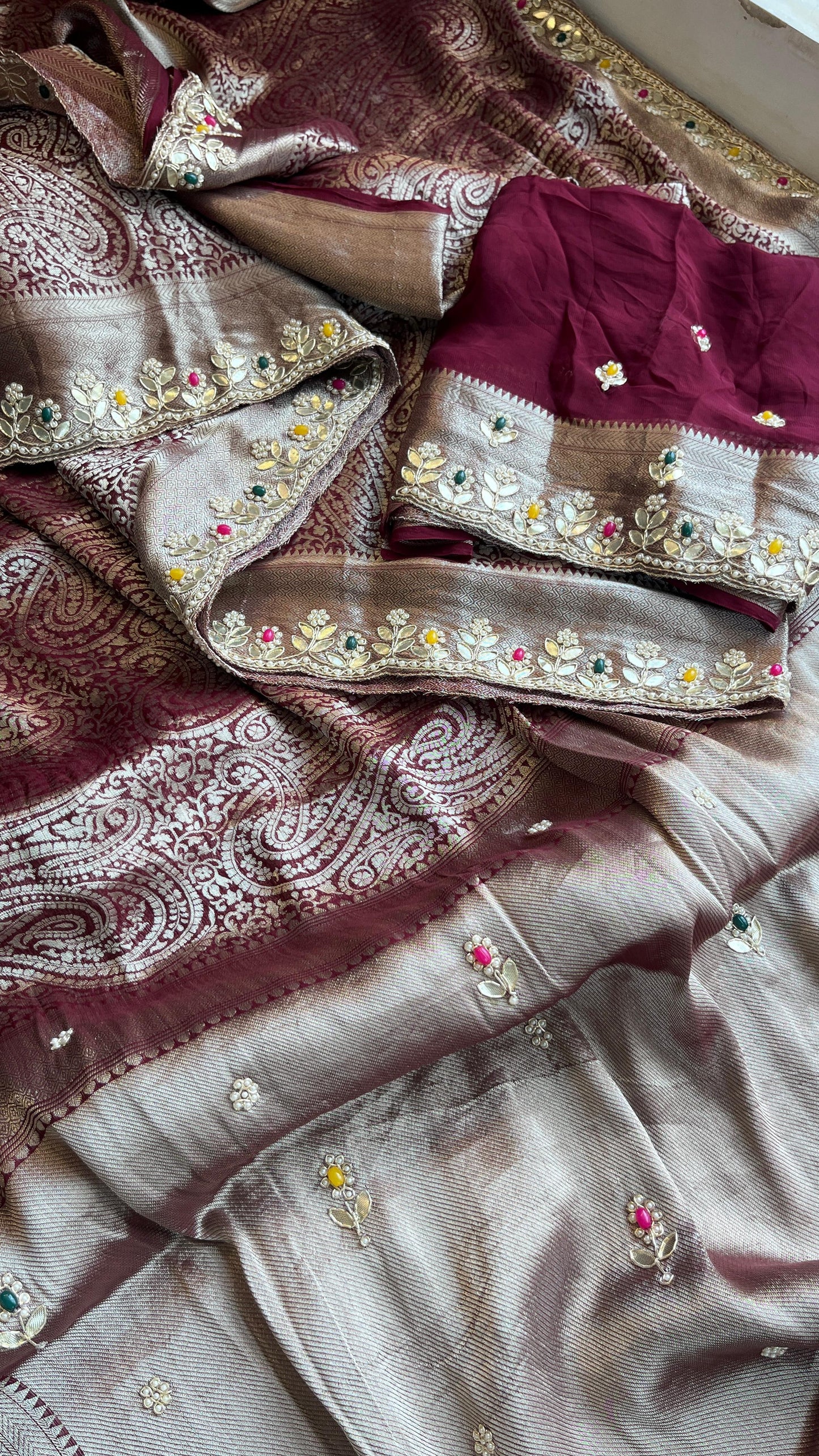 Pure Khaddi Georgette Silk Saree with Pearl & Zardozi Embroidery