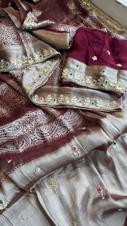 Pure Khaddi Georgette Silk Saree with Pearl & Zardozi Embroidery