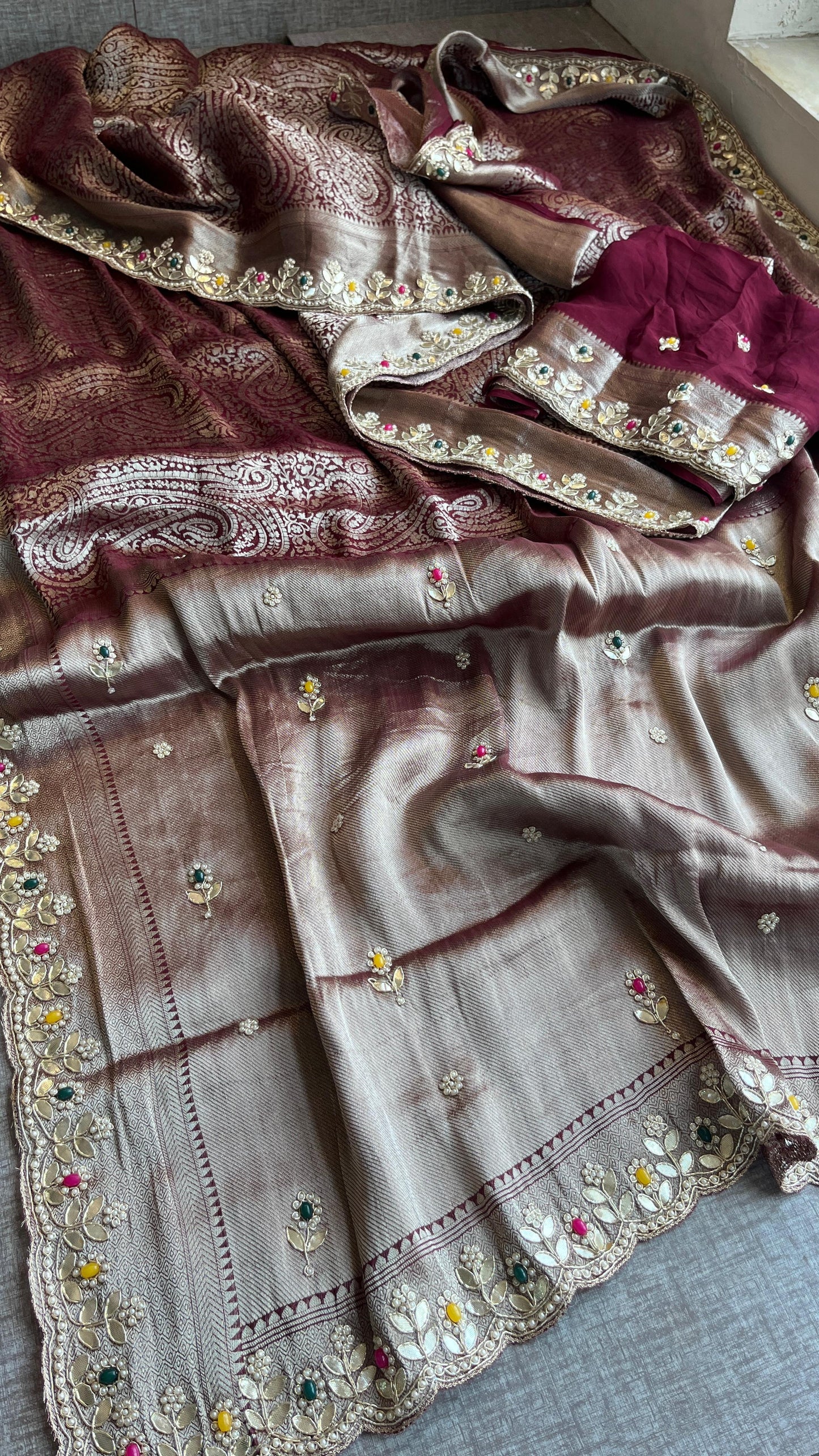 Pure Khaddi Georgette Silk Saree with Pearl & Zardozi Embroidery