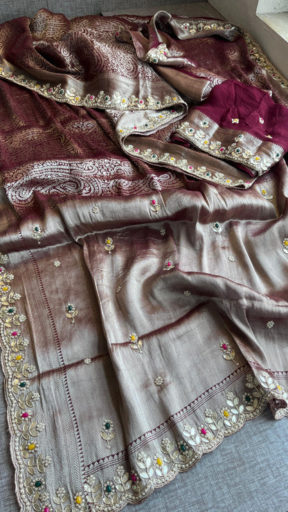 Pure Khaddi Georgette Silk Saree with Pearl & Zardozi Embroidery