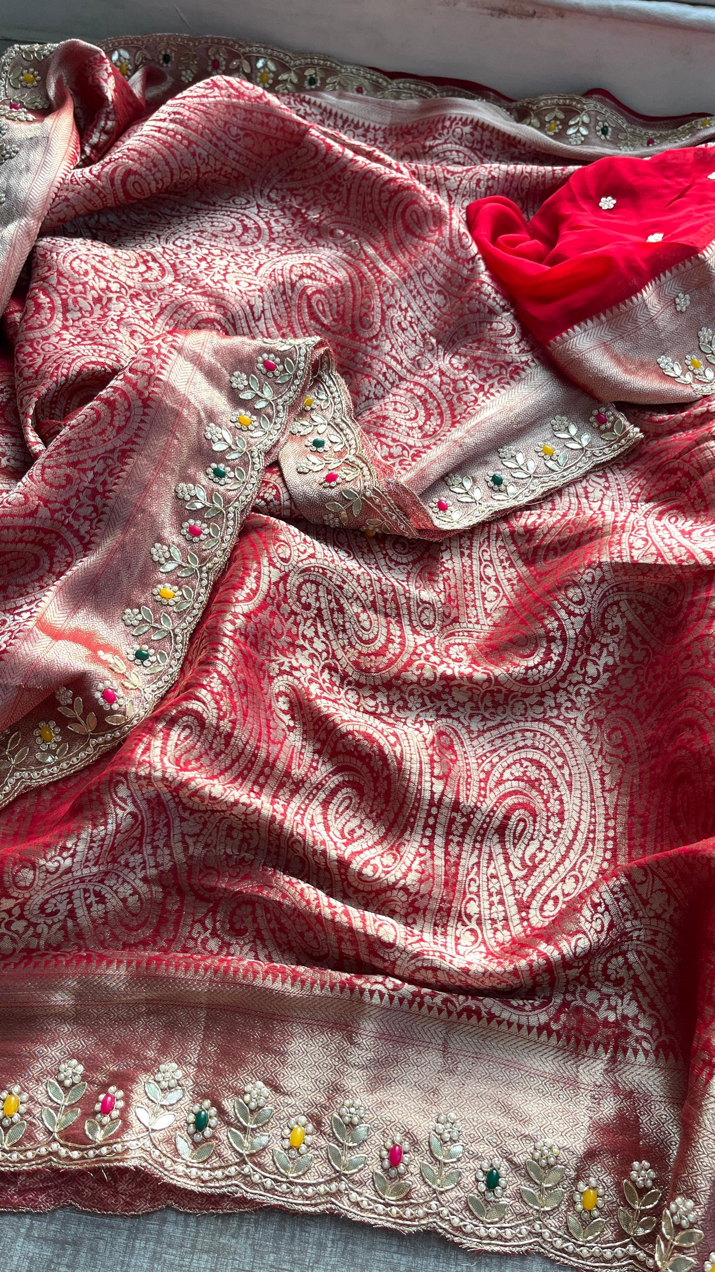 Pure Khaddi Georgette Silk Saree with Pearl & Zardozi Embroidery