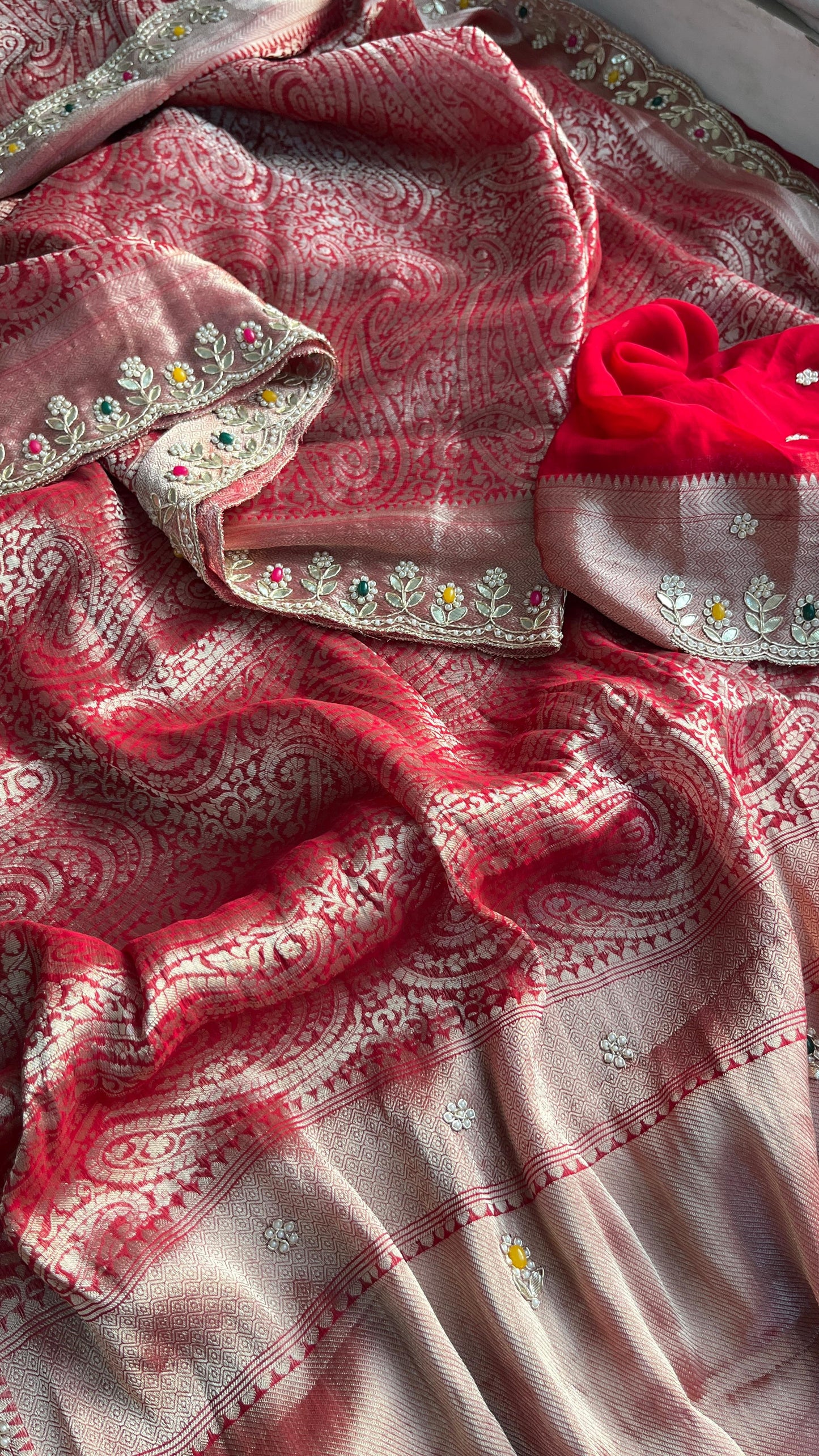 Pure Khaddi Georgette Silk Saree with Pearl & Zardozi Embroidery