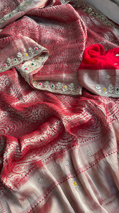Pure Khaddi Georgette Silk Saree with Pearl & Zardozi Embroidery