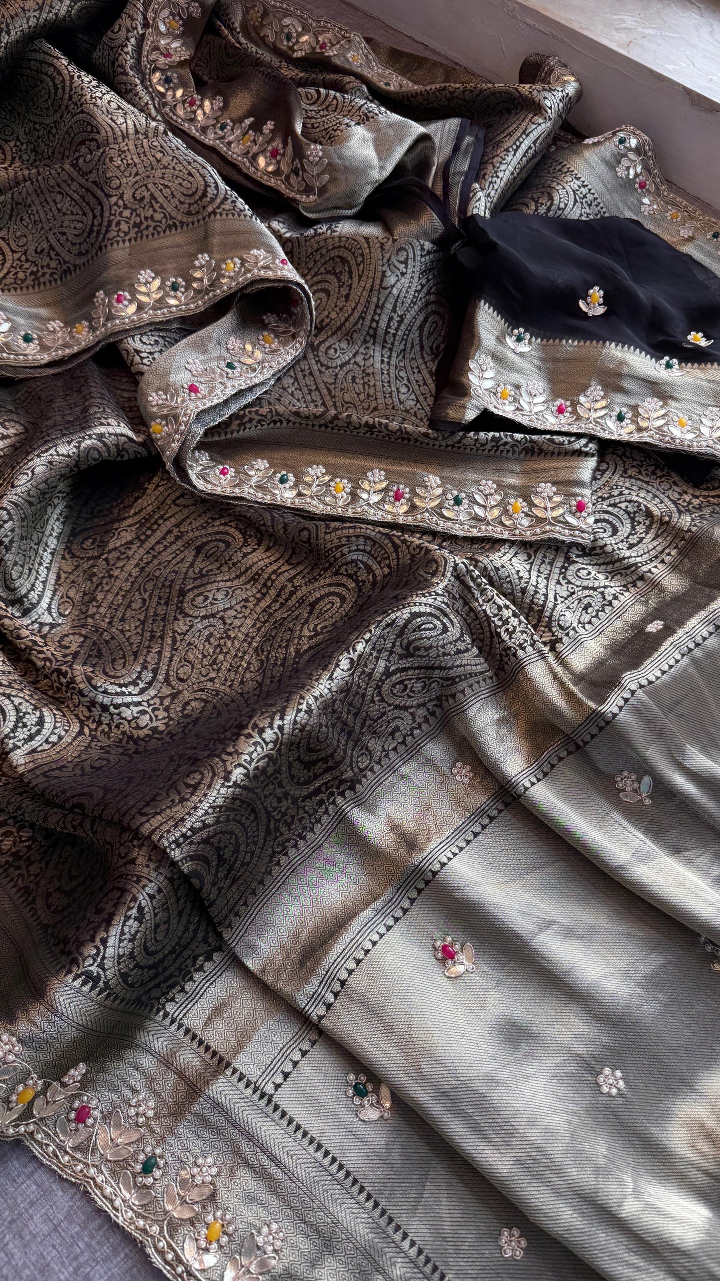 Pure Khaddi Georgette Silk Saree with Pearl & Zardozi Embroidery